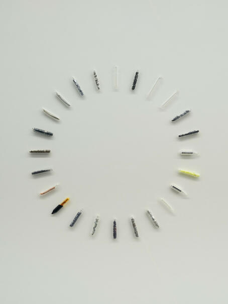 Alicja Kwade, Selbstporträt, 2021, 24 vials with the essential elements of the human body, framed, Edition 20/24 + 7 AP, Courtesy Kunsthalle Recklinghausen.