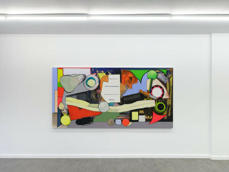 Thomas Scheibitz, Kalvarienberg, 2025 Oil vinyl, pigment marker and mixed media on canvas 135 × 270 cm / >>>X<<< / TICK TACK