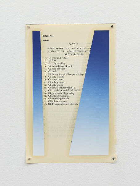 Eddie Peake Temptations, 2025 oil on book page 20 × 13cm, FOURTH WALL DEATH RATTLE, TICK TACK