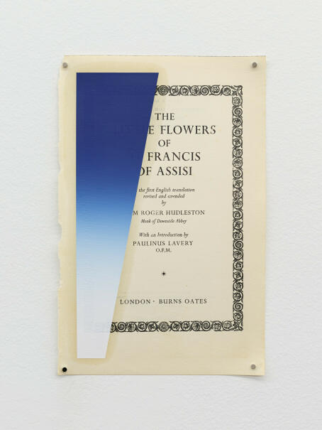 Eddie Peake Translation, 2025 oil on book page 20 × 13cm, FOURTH WALL DEATH RATTLE, TICK TACK