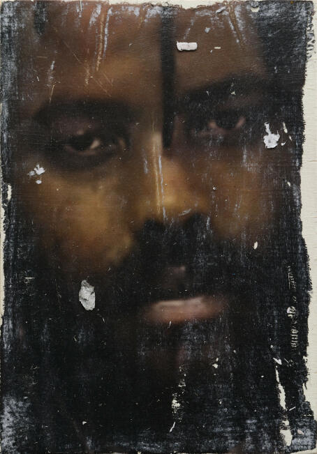 Allen-Golder Carpenter - Untitled (Mumia Abu-Jamal) 5, 2025 Acrylic gel, ink & paper on wooden panel 29,7 × 21 cm - Courtesy TICK TACK