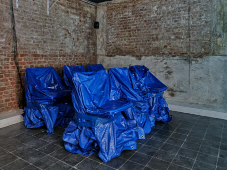 Allen-Golder Carpenter - Witness - 2025 Chair, tarp, tape - Edition of 6 - Courtesy TICK TACK, Antwerp