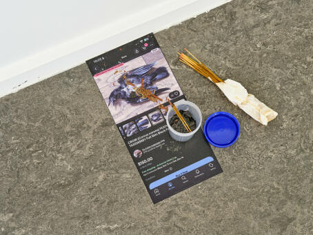 Allen-Golder Carpenter - Ashes to ashes - 2025 - Ash, plastic, vinyl sticker, incense - 30,5 × 27 cm - Courtesy TICK TACK