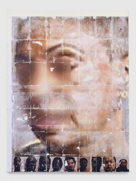 Allen-Golder Carpenter - Ten Wanted Men - 2025 - Acrylic gel, ink, acrylic paint, paper & spray paint on wooden panel - 200 x 150 cm