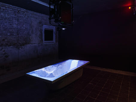 Dima Srouji, A Crack in the Water Followed by Return, 2024, Video projection, acrylic bathtub 60 x 76 x 170 cm