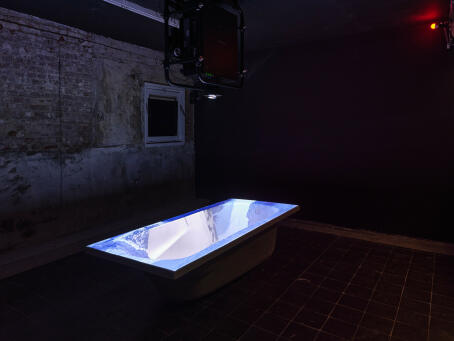 Dima Srouji, A Crack in the Water Followed by Return, 2024, Video projection, acrylic bathtub 60 x 76 x 170 cm