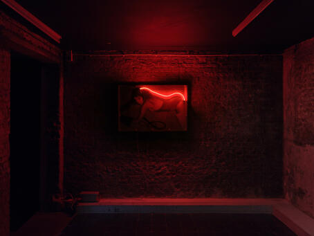 Liliane Vertessen, Whip, 1981, Black-and-white photo, neon, and plexiglas, 65 x 98 x 17 cm