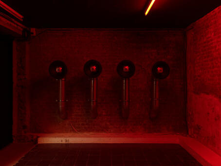 Hannah Perry, Reckless Icons, 2026, air vent tubing, 4 subwoofers, sound piece, 8 min 10 sec, 105 x 220 x 33 cm