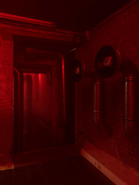 Hannah Perry, Reckless Icons, 2026, air vent tubing, 4 subwoofers, sound piece, 8 min 10 sec, 105 x 220 x 33 cm