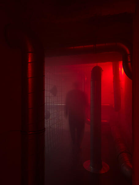 Hannah Perry, BPM (Thrash), 2026, air vent tubing, 12 subwoofers, rebar caging, padlocks, sound piece 8 min 10 sec, 245 x 180 x 180 cm
