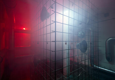 Hannah Perry, BPM (Thrash), 2026, air vent tubing, 12 subwoofers, rebar caging, padlocks, sound piece 8 min 10 sec, 245 x 180 x 180 cm