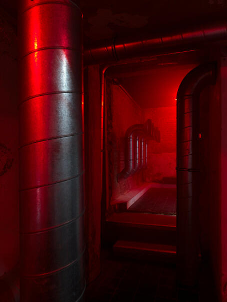 Hannah Perry, Reckless Icons, 2026, air vent tubing, 4 subwoofers, sound piece, 8 min 10 sec, 105 x 220 x 33 cm