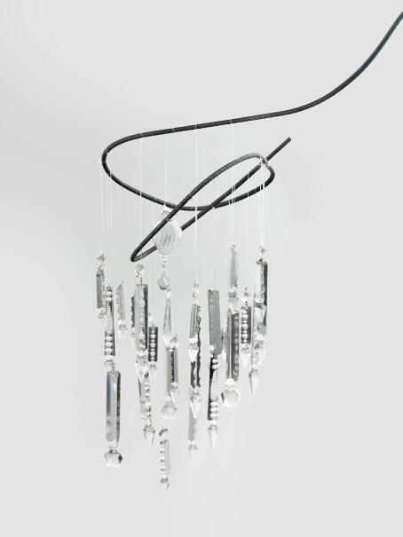 Hannah Perry, FLUX, 2026, Glass pieces, rebar metal frame, wires, 28 x 30 x 70 cm