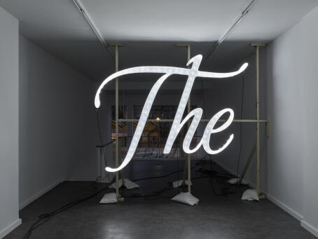 Banks Violette, Untitled (The End), 2026, mdf, aluminium, light bulbs, lacquer paint, wooden scaffold, electrical wiring, 206 x 270 cm