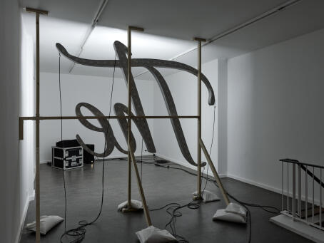 Banks Violette, Untitled (The End), 2026, mdf, aluminium, light bulbs, lacquer paint, wooden scaffold, electrical wiring, 206 x 270 cm