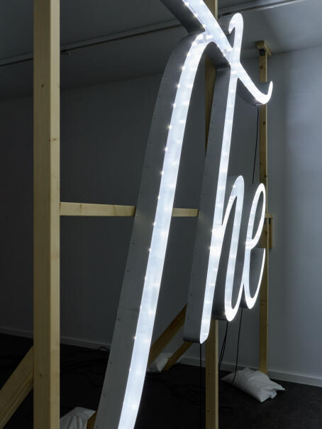 Banks Violette, Untitled (The End), 2026, mdf, aluminium, light bulbs, lacquer paint, wooden scaffold, electrical wiring, 206 x 270 cm
