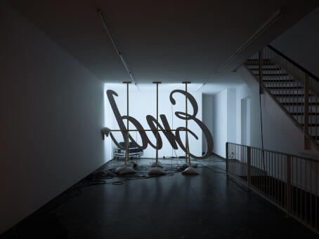 Banks Violette, Untitled (The End), 2026, mdf, aluminium, light bulbs, lacquer paint, wooden scaffold, electrical wiring, 206 x 310 cm