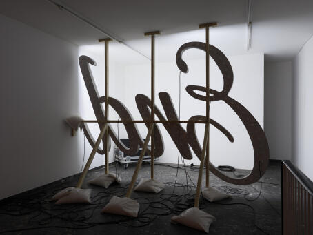 Banks Violette, Untitled (The End), 2026, mdf, aluminium, light bulbs, lacquer paint, wooden scaffold, electrical wiring, 206 x 310 cm