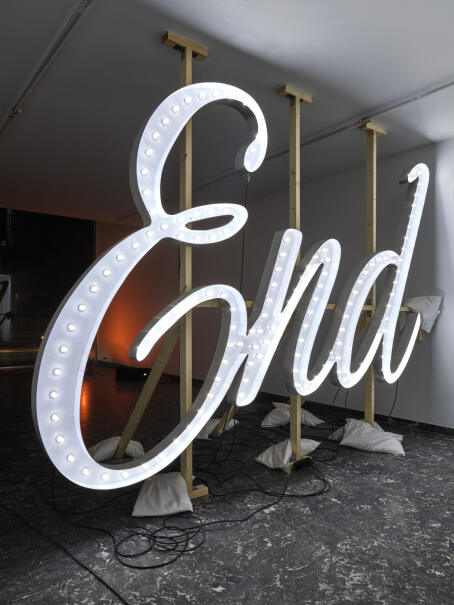 Banks Violette, Untitled (The End), 2026, mdf, aluminium, light bulbs, lacquer paint, wooden scaffold, electrical wiring, 206 x 310 cm