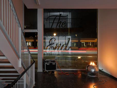 Banks Violette, Untitled (Discoball), 2026, Metal, mirror, steel, salt, gas, chain, fire, diameter 55cm