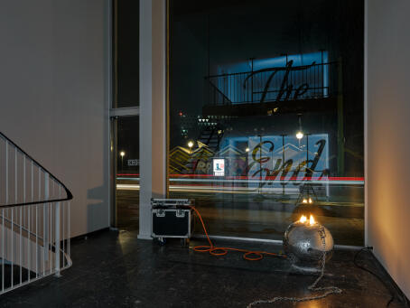 Banks Violette, Untitled (Discoball), 2026, Metal, mirror, steel, salt, gas, chain, fire, diameter 55cm