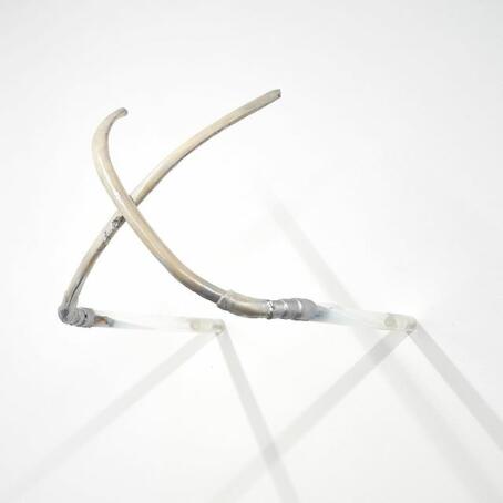 On view: Adriano Amaral, Untitled, 2019, Horse ribs, acrylic tubes, finger protector, silicone, aluminium powder, electric cable, 38,1 x 43,2 x 35,6 c
