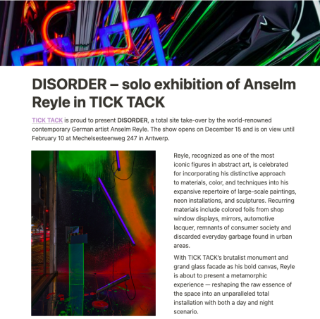 Press release: DISORDER – solo exhibition of Anselm Reyle in TICK TACK