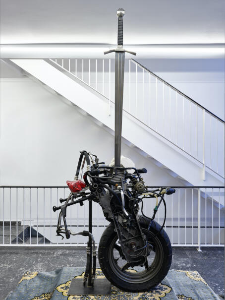 Alexandre Bavard - 1981, 2022 - scooter, sword, plaster sculpture - 174 x 92 x 47 cm