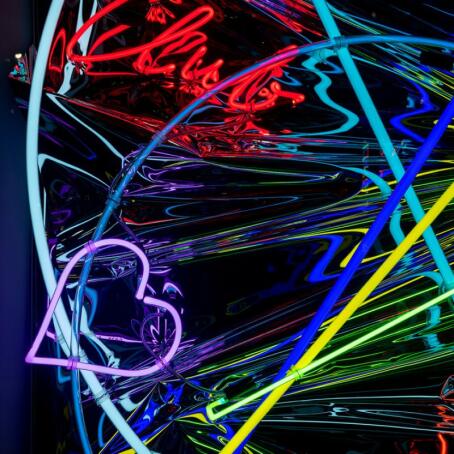 Anselm Reyle, Untitled, 2023, mixed media, neon, cable, acrylic glass / DISORDER / TICK TACK