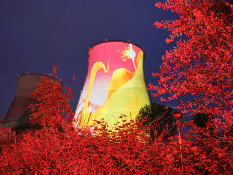 Theo Triantafyllidis, MEANWHILE, 2024, large scale projection on the cooling tower, Horst Music Festival 2024 x TICK TACK