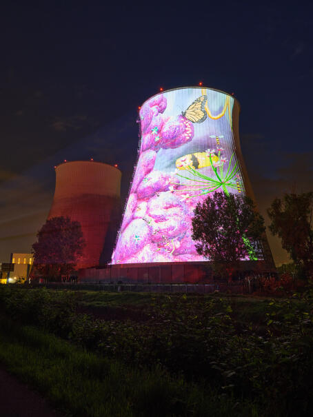 Theo Triantafyllidis, MEANWHILE, 2024, large scale projection on the cooling tower, Horst Music Festival 2024 x TICK TACK