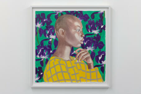 Jocelyn Hobbie - Purple Flower/Yellow Windowpane - 2022 - Oil on paper - 60 x 59 cm (framed)
