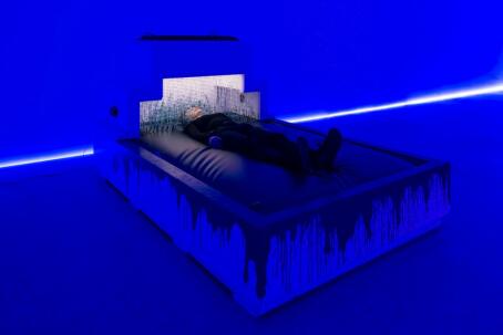 Jon Rafman, Oh The Humanity! (Waterbed Teal), 2015 Custom made waterbed, HD video Installation view at Westfälischer Kunstverein, 2016