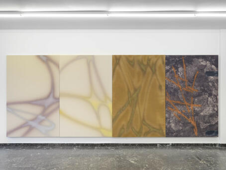 Lucas Dupuy - Left to right: City 17, Looking for, Forest Thoughts, Unison2 - All works 2023, Gouache on canvas, 170 x 110 cm