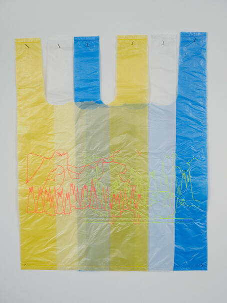 METAHAVEN, Forest and interface [Arrows I], 2021 embroidery on plastic bags 43 x 42 cm