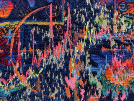 Metahaven, Granger Causality, 2023; from the series Bus Seats, embroidery on bus seat fabric