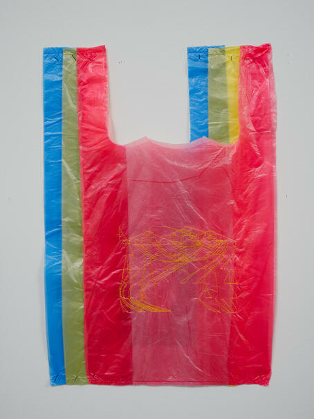 METAHAVEN, Untitled [Arrows] embroidery on plastic bags 42 x 27 cm