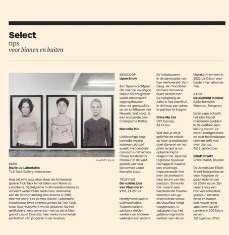 De Tijd about solo-show by Marie-Jo Lafontaine in TICK TACK