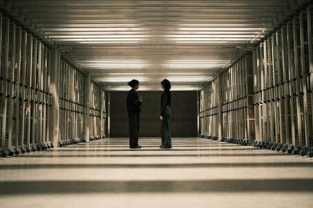 SCRUM, performance in depot by Lily White, dancers Mina Verheyen and Charlotte Dos Santos, Nothing New Under the Sun, TICK TACK, 2026. Photographer: Sammuel Nijhuis.